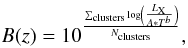 \begin{equation} B(z)=10^{\frac{\sum_{\mathrm{clusters}}\mathrm{log}\left(\frac{L_{\rm X}}{A*T^b}\right)}{N_{\mathrm{clusters}}}}, \label{biascurve} \end{equation}