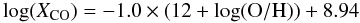 Mathematical equation: \begin{equation} \log(X_{{\rm CO}})=-1.0\times(12+\log({\rm O/H}))+8.94 \label{w95} \end{equation}