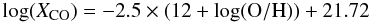 Mathematical equation: \begin{equation} \log(X_{{\rm CO}})=-2.5\times(12+\log({\rm O/H}))+21.72 \end{equation}