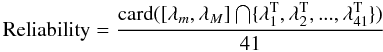 \begin{equation} {\rm Reliability} = \frac{{\rm card}([\lambda_{m},\lambda_{M}] \bigcap \{\lambda_{1}^{\rm T}, \lambda_{2}^{\rm T}, ..., \lambda_{41}^{\rm T} \})}{41} \label{reliability} \end{equation}