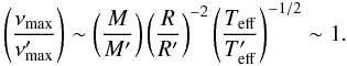 Mathematical equation: \appendix \setcounter{section}{1} \begin{equation} \left(\frac{\nu\ind{max}}{\nu\ind{max}'}\right) \sim \left(\frac{M}{M'}\right) \left(\frac{R}{R'}\right)^{-2} \left(\frac{T\ind{eff}}{T\ind{eff}'}\right)^{-1/2} \sim 1. \label{eq_app2} \end{equation}
