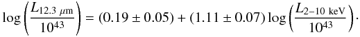 \begin{eqnarray*} \log \left(\frac{L_{12.3~\mu{\rm m}}}{10^{43}}\right) = (0.19 \pm 0.05)+(1.11 \pm 0.07) \log \left(\frac{L_{2-10~{\rm keV}}}{10^{43}}\right)\cdot \end{eqnarray*}
