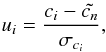 Mathematical equation: \begin{equation} u_i=\frac{c_i-\tilde{c_n}}{\sigma_{c_i}}, \end{equation}