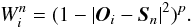 Mathematical equation: \begin{equation} W_{i}^{n} =(1- |\vec{O}_i - \vec{S}_n|^2)^{p}. \label{eq:dichodif_weight_distances} \end{equation}