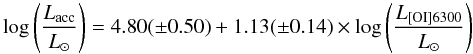 Mathematical equation: \begin{equation} \label{Eq:corOI} \log \left(\frac{{L}_{\rm acc}}{{L}_{\sun}}\right) = 4.80(\pm0.50) + 1.13(\pm0.14)\times\log \left(\frac{{L}_{{\rm [OI]}6300}}{{L}_{\sun}}\right) \end{equation}
