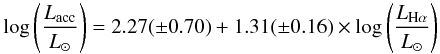 Mathematical equation: \begin{equation} \label{Eq:coralphalow} \log \left(\frac{{L}_{\rm acc}}{{L}_{\sun}}\right) = 2.27(\pm0.70) + 1.31(\pm0.16)\times\log \left(\frac{{L}_{{\rm H}\alpha}}{{L}_{\sun}}\right) \end{equation}