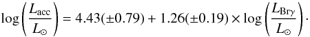 Mathematical equation: \begin{equation} \label{Eq:corgammalow} \log \left(\frac{{L}_{\rm acc}}{{L}_{\sun}}\right) = 4.43(\pm0.79) + 1.26(\pm0.19)\times\log \left(\frac{{L}_{{\rm Br}\gamma}}{{L}_{\sun}}\right)\cdot \end{equation}