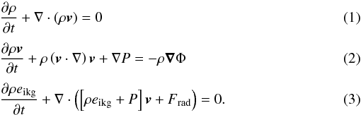 Mathematical equation: \begin{eqnarray} && \frac{\partial\rho}{\partial t} + \nabla\cdot\left(\rho \vec{v}\right)= 0 \\[1mm] && \frac{\partial\rho\vec{v}}{\partial t}+\rho\left(\vec{v}\cdot\nabla\right)\vec{v}+\nabla P = -\rho \vec{\nabla}\Phi \\[1mm] &&\frac{\partial\rho e_{\mathrm{ikg}}}{\partial t}+\nabla\cdot\left(\left[\rho e_{\mathrm{ikg}}+P\right]\vec{v}+F\mathbf{_{\rm{rad}}}\right) = 0. \end{eqnarray}