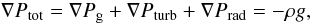 Mathematical equation: \begin{equation} \label{eqgrav1} \nabla P_{\rm{tot}}= \nabla P_{\rm{g}} + \nabla P_{\rm{turb}} + \nabla P_{\rm{rad}} = -\rho g, \end{equation}
