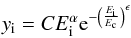 \begin{displaymath} y_\mathrm{i} = C E_\mathrm{i}^{\alpha}\mathrm{e}^{-\left(\frac{E_\mathrm{i}}{E_\mathrm{c}}\right)^\epsilon} \end{displaymath}