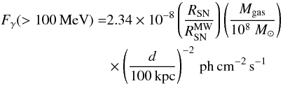 \begin{equation} \begin{aligned} F_\g (>100\,\mathrm{MeV}) = & 2.34 \times 10^{-8} \left(\frac{\rsn}{\rsn^\mathrm{MW}}\right) \left(\frac{\mgas}{10^8 ~M_{\odot}}\right)\\ & \times \left(\frac{d}{100\,\mathrm{kpc}}\right)^{-2}\,\phcms \end{aligned} \end{equation}