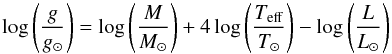 \begin{displaymath} \log \left(\frac{g}{g_{\odot}}\right) = \log \left(\frac{M}{M_{\odot}}\right) + 4 \log \left(\frac{T_{\rm eff}}{T_{\odot}}\right) - \log \left(\frac{L}{L_{\odot}}\right) \end{displaymath}