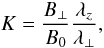 Mathematical equation: \begin{equation} K=\frac{B_{\perp}}{B_{0}}\frac{\lambda_{z}}{\lambda_{\perp}}, \label{eq:kubo} \end{equation}