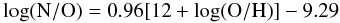 \begin{equation} \log(\mathrm{N}/\mathrm{O}) = 0.96[12+\log(\mathrm{O}/\mathrm{H})]-9.29\label{eq:N_O} \end{equation}