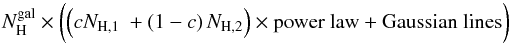 \begin{equation} \nh^{\rm gal} \times \biggl(\Bigl( c \nhone\ + \left(1-c\right) \nhtwo \Bigr) \times \text{power law} + \text{Gaussian lines}\biggr) \end{equation}