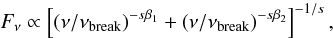 \begin{equation} F_\nu \propto \left[ \left( {\nu/\nu_{{\rm break}}}\right)^{-s\beta_1} + \left( {\nu/\nu_{{\rm break}}}\right)^{-s\beta_2}\right] ^{-1/s}, \label{smootheq} \end{equation}