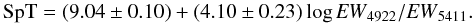 \begin{equation} {\rm SpT}=(9.04\pm 0.10)+(4.10\pm 0.23)\log{\it EW}_{4922}/{\it EW}_{5411} . \label{eqn:1} \end{equation}