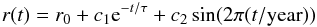Mathematical equation: \begin{equation} \label{eq:exp+sin} r(t) = r_0 + c_1 {\rm e}^{-t/\tau} + c_2 \sin(2\pi (t/\mathrm{year})) \end{equation}