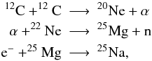\begin{eqnarray*} ^{12}\mathrm{C} + ^{12}\mathrm{C} &\longrightarrow& ^{20}\mathrm{Ne} + \alpha \\ \alpha + ^{22}\mathrm{Ne} &\longrightarrow& ^{25}\mathrm{Mg} + \mathrm{n} \\ \mathrm{e}^- + ^{25}\mathrm{Mg} &\longrightarrow& ^{25}\mathrm{Na} , \end{eqnarray*}
