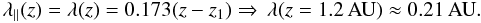 Mathematical equation: \begin{equation} \lambda_{\parallel}(z)=\lambda(z)=0{.}173 (z-z_1) \Rightarrow \, \lambda(z=1{.}2\, \mathrm{AU}) \approx 0{.}21 \, \mathrm{AU}. \end{equation}