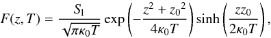 Mathematical equation: \begin{equation} F(z,T)=\frac{S_{\hspace{-0.07 cm}1}}{\sqrt{\pi \kappa_0 T}}\exp\left(- \frac{z^2+{z_0}^2}{4 \kappa_0 T} \right) \sinh\left(\frac{z z_0}{2 \kappa_0 T}\right), \end{equation}