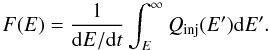 Mathematical equation: \begin{equation} F(E)=\frac{1}{{\rm d}E/{\rm d}t}\int_E^{\infty} Q_{\rm inj}(E') {\rm d}E'. \label{eq:cooledspt} \end{equation}