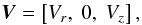 Mathematical equation: \begin{equation} \vec{V} = \left[ V_{r}, \ 0, \ V_{z} \right] , \end{equation}