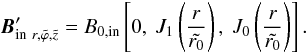 Mathematical equation: \begin{equation} \label{eq:13} \vec{B}_{{\rm in} \ r, \tilde{\varphi}, \tilde{z}}^{\prime} = B_{0,{\rm in}} \left[0, \ J_{1}\left(\frac{r}{\tilde{r_{0}}} \right), \ J_{0}\left(\frac{r}{\tilde{r_{0}}} \right) \right] . \end{equation}