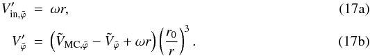Mathematical equation: % subequation 1261 0 \begin{eqnarray} V^{\prime}_{{\rm in}, \tilde{\varphi}} &=& \omega r , \\ V^{\prime}_{\tilde{\varphi}} &=& \left(\tilde{V}_{{\rm MC},\tilde{\varphi}} -\tilde{V}_{\tilde{\varphi}} + \omega r \right) \left(\frac{r_{0}}{r}\right)^{3} . \end{eqnarray}