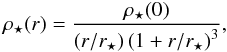 Mathematical equation: \begin{equation} \rho_{\star}(r)=\frac{\rho_{\star}(0)}{ \left( r/r_\star \right) \left( 1 +r/r_\star \right)^3}, \label{Hernquist} \end{equation}