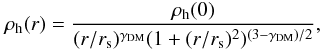 Mathematical equation: \begin{equation} \rho_{\rm h}(r)=\frac{\rho_{\rm h}(0)} {(r/r_{\rm s})^{\gamma_{\rm DM}} (1+(r/r_{\rm s})^2)^{(3 - \gamma_{\rm DM})/2} }, \label{halo} \end{equation}