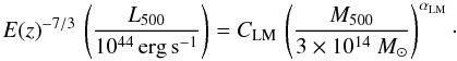 Mathematical equation: \begin{equation} E(z)^{-7/3} \, \left ( \frac{L_{500}}{10^{44} \, {\rm erg} \, {\rm s}^{-1}} \right ) =C_{\rm LM} \, \left ( \frac{M_{500}}{3 \times 10^{14} ~ M_{\odot}} \right )^{\alpha_{\rm LM}} \cdot \label{L -- M:eq} \end{equation}