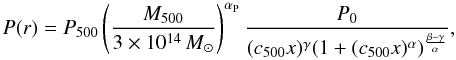 Mathematical equation: \begin{equation} \label{cluster_profile} P(r) = P_{500} \left ( \frac{M_{500}}{3 \times 10^{14}\,M_{\odot}}\right ) ^{ \alpha_{\rm P}} {P_0 \over (c_{500} x)^\gamma (1+(c_{500} x)^\alpha)^{\frac{\beta-\gamma}{\alpha}}} , \end{equation}