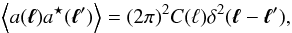 Mathematical equation: \begin{equation} \left\langle a(\vec{\ell})a^\star(\vec{\ell}')\right\rangle=(2\pi)^2C(\ell)\delta^2(\vec{\ell}-\vec{\ell}'), \end{equation}