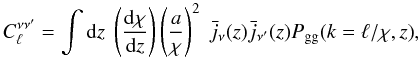 Mathematical equation: \begin{equation} C_\ell^{\nu\nu'} = \int{{\rm d}z\ \left(\frac{{\rm d}\chi}{{\rm d}z}\right)\left(\frac{a}{\chi}\right)^2 \ \bar{j}_{\nu}(z)\bar{j}_{\nu'}(z)P_{\rm gg}(k=\ell/\chi,z)}, \label{eq:cl_limber} \end{equation}