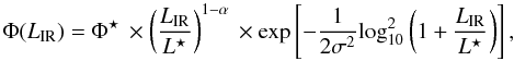 Mathematical equation: \appendix \setcounter{section}{2} \begin{equation} \label{eq:lf} \Phi(L_{\rm IR}) = \Phi^\star \, \times \left(\frac{L_{\rm IR}}{L^\star}\right)^{1-\alpha} \, \times \exp \left [ -\frac{1}{2\sigma^2} {\rm log}_{10}^2 \left(1+\frac{L_{\rm IR}}{L^\star}\right) \right], \end{equation}