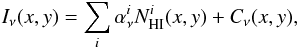 Mathematical equation: \begin{equation} \label{eq_regress} I_\nu(x,y) = \sum_i \alpha^{i}_\nu N_{\rm HI}^{i}(x,y) + C_\nu(x,y), \end{equation}