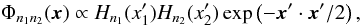 Mathematical equation: \appendix \setcounter{section}{2} \begin{equation} \Phi_{n_1n_2}(\vec{x}) \propto H_{n_1}({x_1'}) H_{n_2}({x_2'}) \exp\left(-{\vec{x}'\cdot \vec{x}'}/2\right), \end{equation}