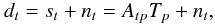 Mathematical equation: \appendix \setcounter{section}{3} \begin{equation} d_{t}=s_{t}+n_{t}=A_{tp}T_{p}+n_{t}, \end{equation}