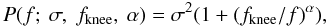 Mathematical equation: \appendix \setcounter{section}{3} \begin{equation} P(f;\ \sigma,\ f_{\rm knee},\ \alpha)=\sigma{}^{2}(1+(f_{\rm knee}/f)^{\alpha}), \label{E1} \end{equation}