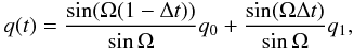 Mathematical equation: \begin{equation} q(t) = \frac{\sin(\Omega(1-\Delta t))}{\sin\Omega} q_0 + \frac{\sin(\Omega\Delta t)}{\sin\Omega} q_1 , \end{equation}
