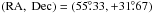 Mathematical equation: \hbox{$(\textrm{RA},~\textrm{Dec}) = (55\fdg33,+31\fdg67)$}