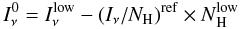 Mathematical equation: \begin{equation} \label{eq:offset} \offset=\INUhole-(I_\nu/N_{\rm H})^{\rm ref} \times \NHHIhole \end{equation}