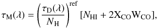 Mathematical equation: \begin{equation} \label{eq:tau} \taumodel(\lambda) = \TAUNHREFLAMB [ {\it N}_{\rm HI} + 2 \XCO \wco], \end{equation}