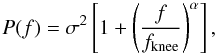 Mathematical equation: \begin{equation} P(f) = \sigma^2\left[1+\left(\frac{f}{f_{\rm knee}}\right)^\alpha\right], \label{eq_noise_model} \end{equation}