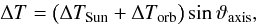 Mathematical equation: \begin{equation} \Delta T = \bigl(\Delta T_\mathrm{Sun} + \Delta T_\mathrm{orb}\bigr) \sin \vartheta_\mathrm{axis}, \label{eq_absulute_calibration} \end{equation}