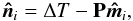 Mathematical equation: \begin{equation} \vec{\hat{n}}_i = \Delta {T} - \mathbf{P}\vec{\hat{m}}_i, \end{equation}