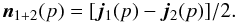 Mathematical equation: \begin{equation} \vec{n}_{1+2}(p) = [\vec{j}_1(p) - \vec{j}_2(p)] / 2. \label{eq:summapnoise} \end{equation}