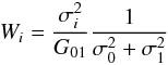Mathematical equation: \begin{equation} W_i = \frac{\sigma_i^2}{G_{01}}\frac{1}{\sigma_0^2 + \sigma_1^2}\, \end{equation}