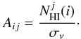 Mathematical equation: \begin{equation} \label{eq:inverse3} A_{ij} = \frac{N_{\rm HI}^j(i)}{\sigma_\nu}\cdot \end{equation}